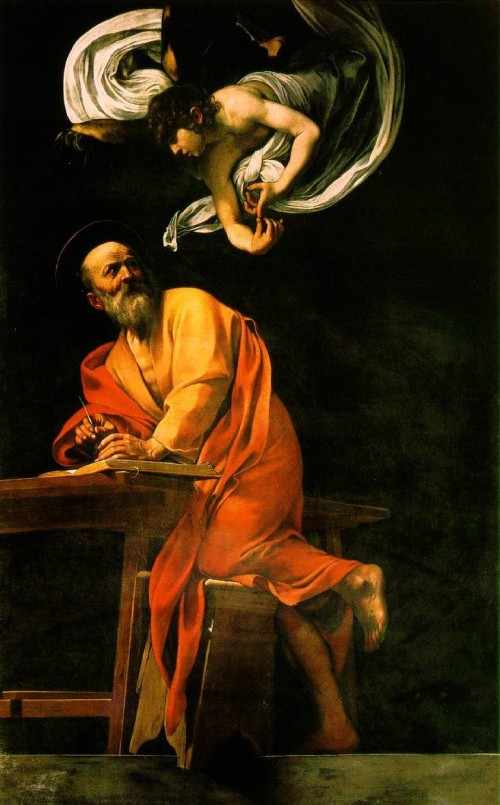 Michelangelo Merisi da Caravaggio [Public domain], <a href="https://commons.wikimedia.org/wiki/File:The_Inspiration_of_Saint_Matthew_by_Caravaggio.jpg" target="_blank">via Wikimedia Commons</a>