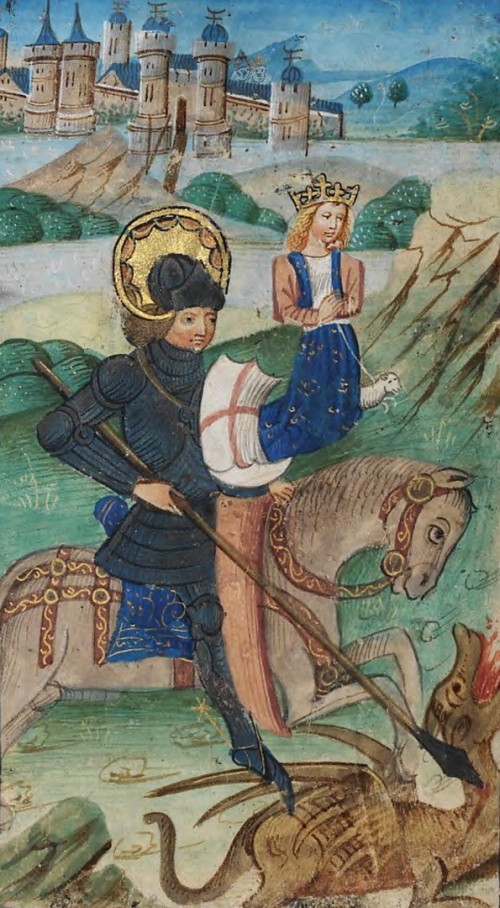 National Library of Wales [CC0], <a href="https://commons.wikimedia.org/wiki/File:De_Grey_Hours_f.31.v_St._George_and_the_dragon.png"  target="_blank">via Wikimedia Commons</a>