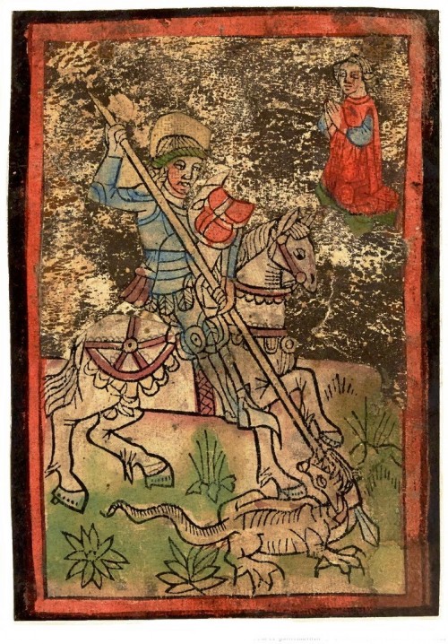 Anonyme,  Editeur Souabe (?) [Public domain], <a href="https://commons.wikimedia.org/wiki/File:Saint_Georges_terrassant_le_dragon,_Bourgogne,_vers_1430.png"  target="_blank">via Wikimedia Commons</a>