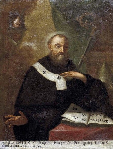 AnonymousUnknown author [Public domain], <a href="https://commons.wikimedia.org/wiki/File:Fulgentius_von_Ruspe_17Jh.jpg">via Wikimedia Commons</a><br />
<b>Description</b><br />
"St. Fulgentius of Ruspe (468 - 532 Sardinia), Bishop of Ruspe in Carthage with pallium and book" (with inscription: Sola Charitas est, quae vincit omnia, Only love defeats everything, inscribed below: p Fulgentius Episcopus Rufpensis Propagator Ordinis obiit anno 529 Jan. 19)