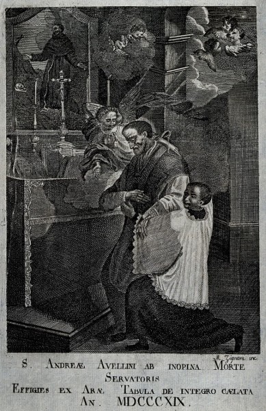 See page for author [<a href="https://creativecommons.org/licenses/by/4.0"  target="_blank">CC BY 4.0</a>], <a href="https://commons.wikimedia.org/wiki/File:Saint_Andrew_Avellino._Engraving_by_M._Zignani._Wellcome_V0031571.jpg"  target="_blank">via Wikimedia Commons</a>