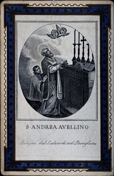 See page for author [<a href="https://creativecommons.org/licenses/by/4.0"  target="_blank">CC BY 4.0</a>], <a href="https://commons.wikimedia.org/wiki/File:Saint_Andrew_Avellino._Line_engraving._Wellcome_V0031567.jpg"  target="_blank">via Wikimedia Commons</a>