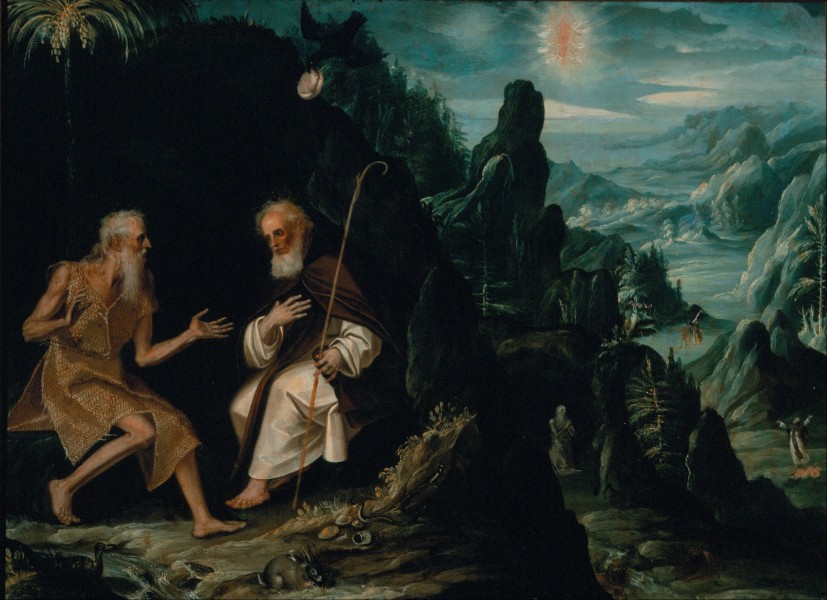 Saint Anthony Abbot with Saint Paul the Hermit.
Painting inspired by The Golden Legend about The visit of Saint Anthony Abbot to Saint Paul, the first Christian hermit in the desert of Egypt.

<a href="https://commons.wikimedia.org/wiki/File:Baltasar_de_Echave_Ib%C3%ADa_-_The_Hermits,_Saint_Paul_and_Saint_Anthony_-_Google_Art_Project.jpg" title="via Wikimedia Commons" target="_blank">Museo Nacional de Arte</a> [Public domain]