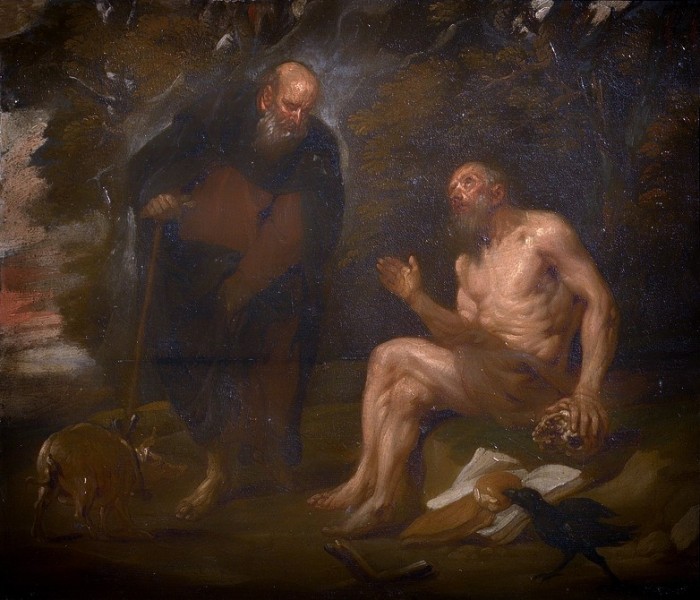 Saint Anthony Abbot with Saint Paul the Hermit.
Painting inspired by The Golden Legend about The visit of Saint Anthony Abbot to Saint Paul, the first Christian hermit in the desert of Egypt.

<a href="https://commons.wikimedia.org/wiki/File:Lucas_Franchoys_II_-_Discussion_between_St_Anthony_and_St_Paul_of_Thebe.jpg" title="via Wikimedia Commons" target="_blank">Lucas Franchoys the Younger</a> [Public domain]