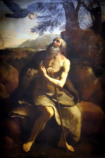 <a href="https://commons.wikimedia.org/wiki/File:%27St._Paul_the_Hermit_Fed_by_the_Raven%27,_after_Il_Guercino,_Dayton_Art_Institute.JPG" title="via Wikimedia Commons" target="_blank">After Guercino</a> [Public domain]