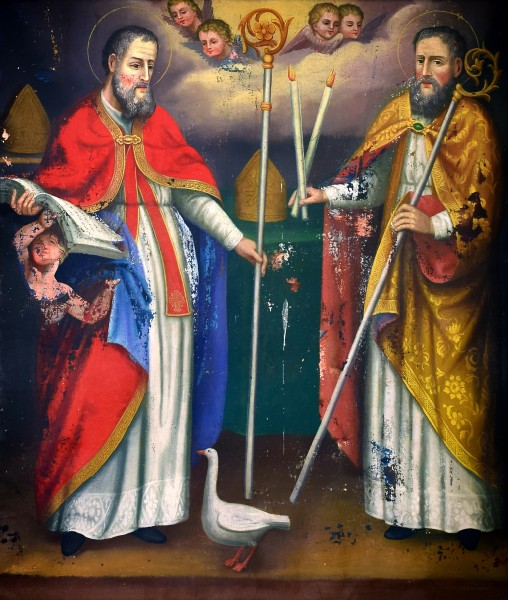 Saint Blaise is the patron saint of wool combers and throat disease. According to the Acta Sanctorum, he was martyred by being beaten, attacked with iron combs, and beheaded.

<a href="https://commons.wikimedia.org/wiki/File:Haiming_-_Kapelle_Ambach_-_3.jpg" title="via Wikimedia Commons" target="_blank">Haeferl</a> [<a href="https://creativecommons.org/licenses/by-sa/3.0" target="_blank">CC BY-SA</a>]