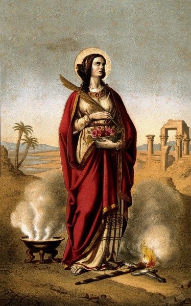 Saint Dorothy is a 4th-century virgin martyr who was executed at Caesarea Mazaca. Evidence for her actual historical existence or acta is very sparse. She is called a martyr of the Diocletianic Persecution.

<a href="https://commons.wikimedia.org/wiki/File:Saint_Dorothy._Colour_lithograph._Wellcome_V0031913.jpg" title="via Wikimedia Commons" target="_blank">See page for author</a> [<a href="https://creativecommons.org/licenses/by/4.0" target="_blank">CC BY</a>]