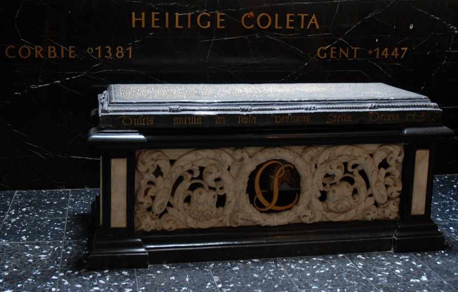 Saint Colette of Corbie was a French abbess and the foundress of the Colettine Poor Clares, a reform branch of the Order of Saint Clare, better known as the Poor Clares.



<a href="https://commons.wikimedia.org/wiki/File:GrafsteenColeta_28-04-2009_14-59-12.JPG" title="via Wikimedia Commons">Paul Hermans</a> [<a href="https://creativecommons.org/licenses/by-sa/3.0">CC BY-SA</a>]