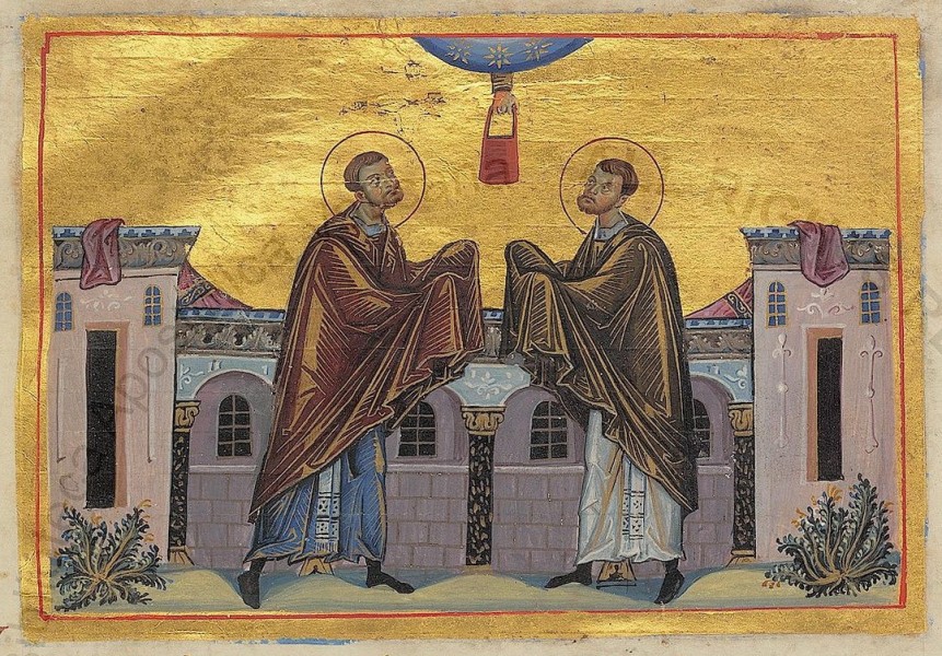 Saint Cosmas and Saint Damian (Menologion of Basil II)

<a href="https://commons.wikimedia.org/wiki/File:Cosmas_and_Damian_(Menologion_of_Basil_II).jpg" title="via Wikimedia Commons" target="_blank">Master of The Menologion of Basil II</a> / Public domain