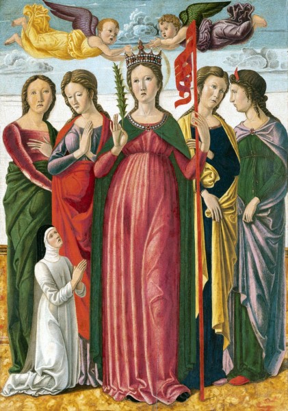 Saint Ursula and the four virgins - Giovanni Bellini circa 1450-1455

<a href="https://commons.wikimedia.org/wiki/File:Sant%27Orsola_e_quattro_sante_vergini_-_Bellini_-_Gallerie_Dell%27Accademia_di_Venezia.jpg">Attributed to Giovanni Bellini</a>, Public domain, via Wikimedia Commons
