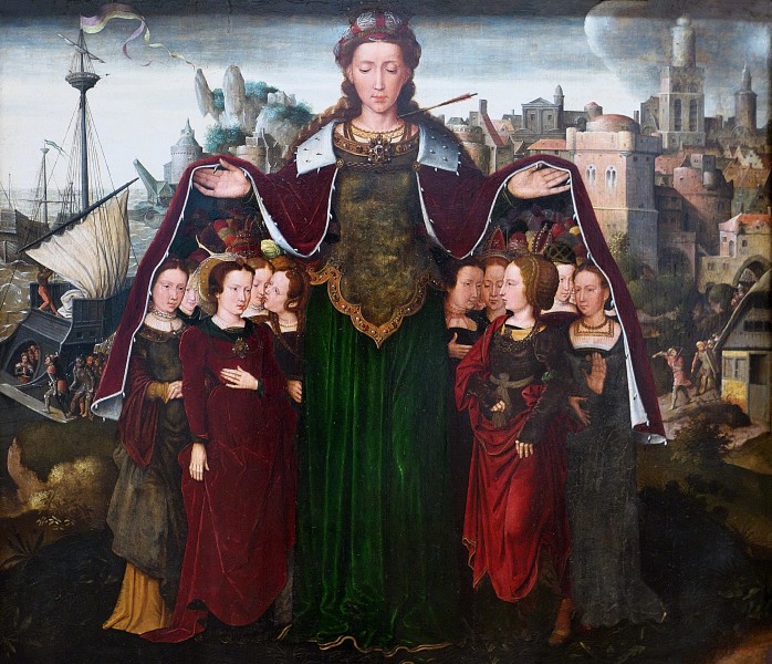 Saint Ursula with the eleven thousand virgins
Painting, oil on panel, attributed to Pieter Claeissens the Elder (ca. 1560). From the Pedro Masaveu Collection.

<a href="https://commons.wikimedia.org/wiki/File:Santa_%C3%9Arsula_con_las_once_mil_v%C3%ADrgenes_(Museo_de_Bellas_Artes_de_Asturias).jpg" target="_blank">Jl FilpoC</a>, <a href="https://creativecommons.org/licenses/by-sa/4.0" target="_blank">CC BY-SA 4.0</a>, via Wikimedia Commons
